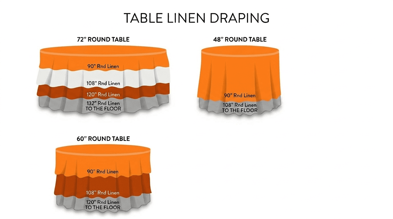 Linen draping reference showing 72-inch, 60-inch, and 48-inch round tables with 90, 108, 120, and 132 inch round linens